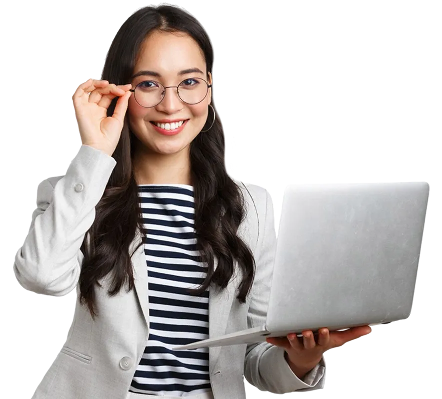 Business finance employment female successful entrepreneurs concept confident smiling asian businesswoman office worker white suit glasses using laptop help clients