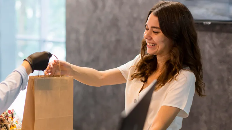 woman happy shop organic products